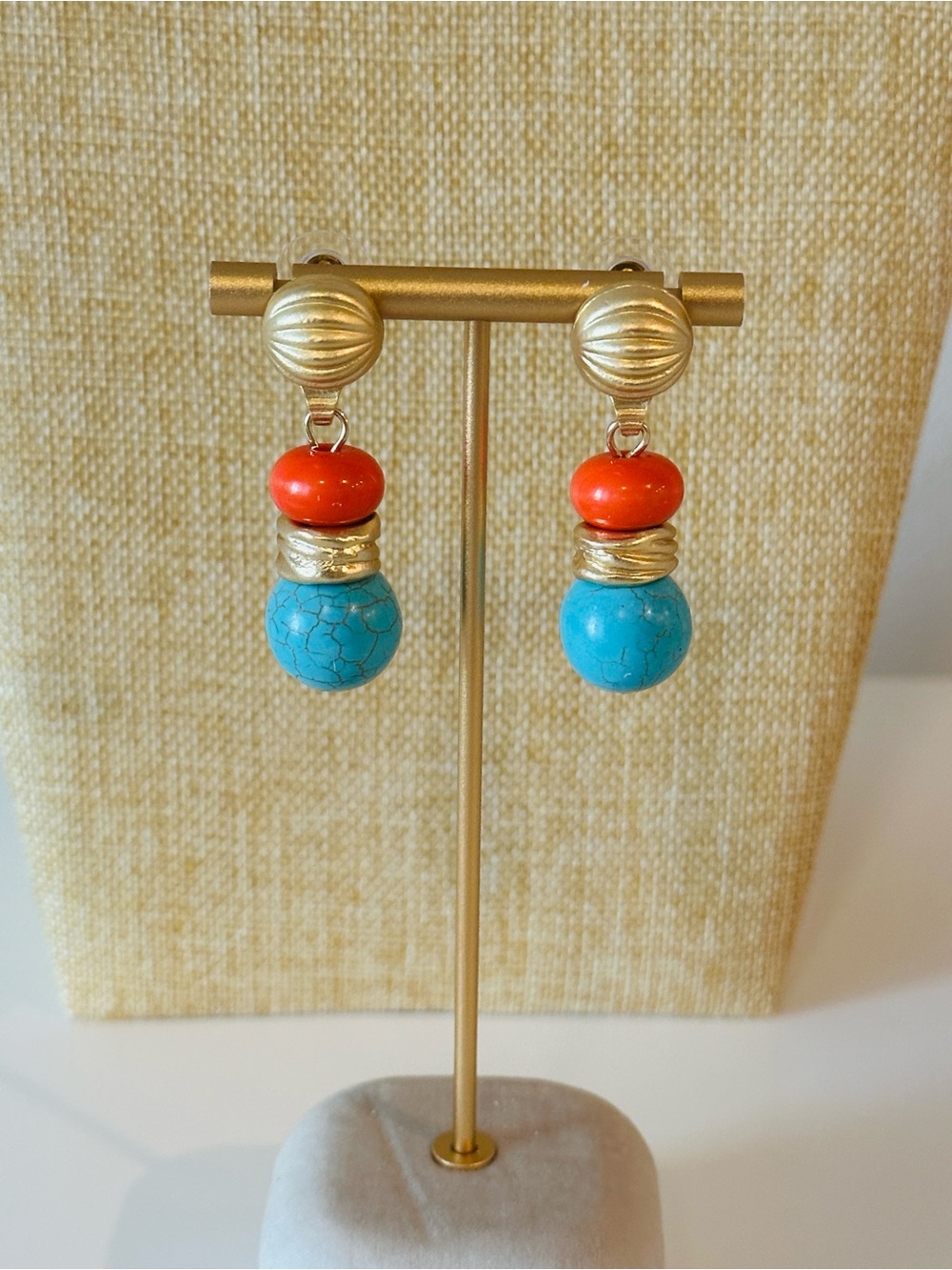 Fashion Jewelry Gold-Tone Turquoise and Coral Bead Drop Earrings